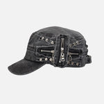 Vintage Washed Distressed Metal Zipper Studded Cadet Cap