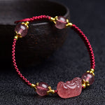 Buddha Stones Natural Strawberry Crystal Pixiu Charm Lucky Red String Bracelet