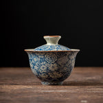 Buddha Stones Vintage Blue And White Porcelain Peach Blossom Lotus Peony Ceramic Gaiwan Sancai Teacup Kung Fu Tea Cup And Saucer With Lid