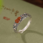 Buddha Stones 925 Sterling Silver Red Agate Cyan Jade Gourd Blessing Auspicious Ring