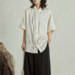 Satin Jacquard Slanted Placket Jade Pendant Tassel Shirt