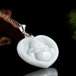 Buddha Stones Laughing Buddha White Jade Luck Blessing Titanium Steel Chain Necklace Pendant