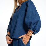 Zeagoo Women's Casual Denim Two-piece Set Loose Puffed Sleeve Blouse and Wide-leg Pants