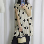 Round Neck Polka Dot Slit Mid-length Top Women's Cotton Linen Shirt