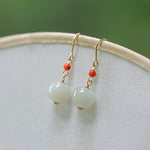 Buddha Stones 925 Sterling Silver Plated 14k Gold Hetian Jade Red Agate Luck Drop Dangle Earrings