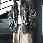 Patchwork Leather Distressed Frayed Edge Denim Hooded Jacket