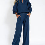Zeagoo Women's Casual Denim Two-piece Set Loose Puffed Sleeve Blouse and Wide-leg Pants