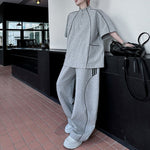 American Style Stand-up Collar Contrast Color T-shirt Zipper Wide-leg Trousers Two-piece Suit