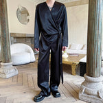 Silky Shiny Satin Tie Long-sleeved Shirt Casual Trousers Two-piece Suit