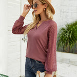 Zeagoo V Neck Tops Solid Color Blouse Long Sleeve Pullover Lace Patchwork Shirt