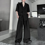 Lapel Shoulder Pad Casual Short Sleeve Shirt Wide Leg Trousers Two-piece Set
