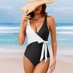 Zeagoo Women's Color Block Wrap One Piece Swimsuits Bowknot Tie Side Bathing Suit