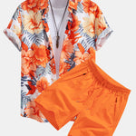 Tropical Flowers Print Button Up Shirt & Drawstring Swim Shorts