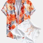 Tropical Flowers Print Button Up Shirt & Drawstring Swim Shorts