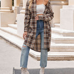 Zeagoo Plaid Longline Button-Up Shacket Lapel Neck Long Sleeve Shirt Pocket