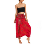 Buddha Stones Two Style Wear Peacock Feather Loose Smocked Harem Trousers Jumpsuit High Waist Pants