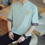 Buddha Stones Frog-Button Dragon Embroidery Chinese Tang Suit Short Sleeve Shirt Linen Men Clothing