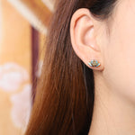 925 Sterling Silver Hetian Cyan Jade Lotus Flower Success Earrings