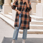 Zeagoo Plaid Longline Button-Up Shacket Lapel Neck Long Sleeve Shirt Pocket