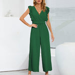 Zeagoo Women's Casual Loose Jumpsuit V Neck Sleeveless Solid Ruffle Pleated Wide-leg Long Playsuit with Belt