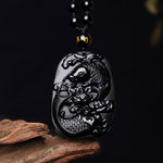 Buddha Stones Natural Black Obsidian Koi Fish Lotus Strength Beaded Necklace Pendant