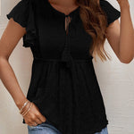Zeagoo Eyelet Tie-Neck Flutter-Sleeve Top Solid Color Casual Blouse for Women Casual Work Office Loose Fit 2026 | Under $40
