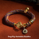 Buddha Stones 925 Sterling Silver Chinese Zodiac Natal Buddha Om Mani Padme Hum Luck Bell Braided String Bracelet