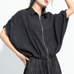 Women Pleated Textured Zip-up Collar Shirt