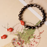 Buddha Stones Natural Silver Sheen Obsidian Cinnabar Koi Fish Soothing Protection Bracelet