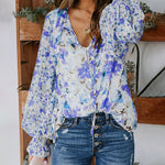 Zeagoo Long Sleeve Boho Drawstring Floral Print V Neck Shirt Buttoned Blouse Casual Tunic Tops