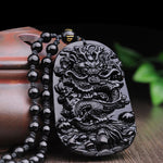Buddha Stones Black Obsidian Stone Dragon Fulfilment Pendant Necklace