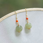 Buddha Stones 925 Sterling Silver Plated 14k Gold Hetian Jade Red Agate Luck Drop Dangle Earrings