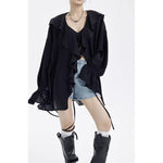Large Ruffled V-neck And Tie-up Loose Shirt