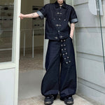 Summer Short-Sleeve Denim Jacket with Metal Buttons Denim Trousers Two-Piece Set