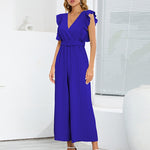 Zeagoo Women's Casual Loose Jumpsuit V Neck Sleeveless Solid Ruffle Pleated Wide-leg Long Playsuit with Belt