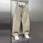 Diamond-patterned Casual Loose Straight Wide-leg Pants