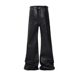 Dark Waxed Coated Ribbon Slightly Flared Mopping Stacked Denim Trousers