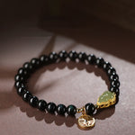 Buddha Stones Natural Black Obsidian Hetian Jade Gourd Double Happiness Strength Bracelet
