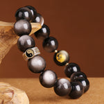 Buddha Stones 925 Sterling Silver Black Obsidian Gold Sheen Obsidian Silver Sheen Obsidian Yin Yang Protection Bracelet (Extra 35% Off | USE CODE: FS35)