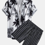 Palm Trees Print Button Up Shirt & Striped Swim Shorts