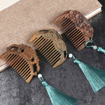 Buddha Stones Green Sandalwood Fox Peony Flower Lotus Engraved Cure Tassel Comb