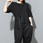 Fake Two-piece Straight Lace-up Striped Patchwork T-shirt