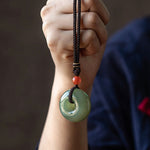 Buddha Stones Natural Round Jade Gray Jade Peace Buckle Luck Necklace Pendant