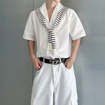 Striped Short-Sleeve Shirt with Shawl Detail
