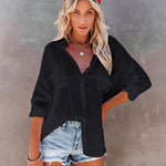 Zeagoo Solid Color V Neck Long Sleeve Button Down Blouse with Pockets