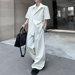 Lapel Shoulder Pad Casual Short Sleeve Shirt Wide Leg Trousers Two-piece Set