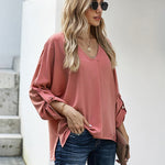 Zeagoo V-Neck Long Sleeve Buckle T-Shirt Plain Shirts Shirt Top Elegant Shirts Casual Slim Fit Basic
