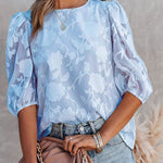 Zeagoo Five Quarter Sleeves Puff Sleeves Round Neck Top Chiffon Loose Flower Texture Casual Shirt