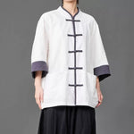 Cotton Linen Three Quarter Sleeve Frog Button Taichi Shirt