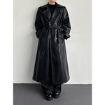 Double Breasted Belted PU Leather Long Trench Coat